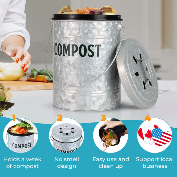 Kitchen Compost Bin, No-Smell Metal Compost Bin 1.3 Gallon/5 L
