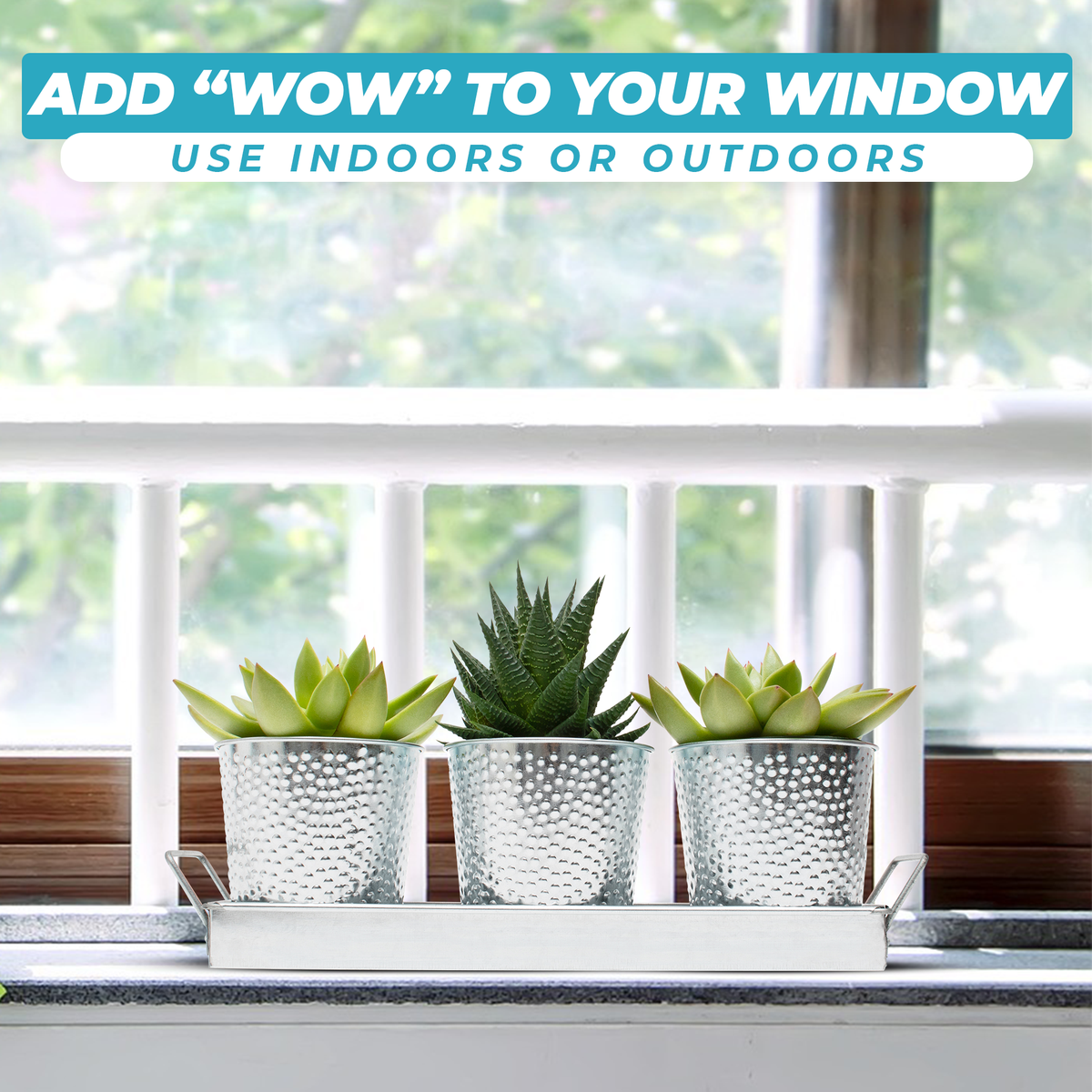 Herb pots with tray set on a window sill for indoor or outdoor use