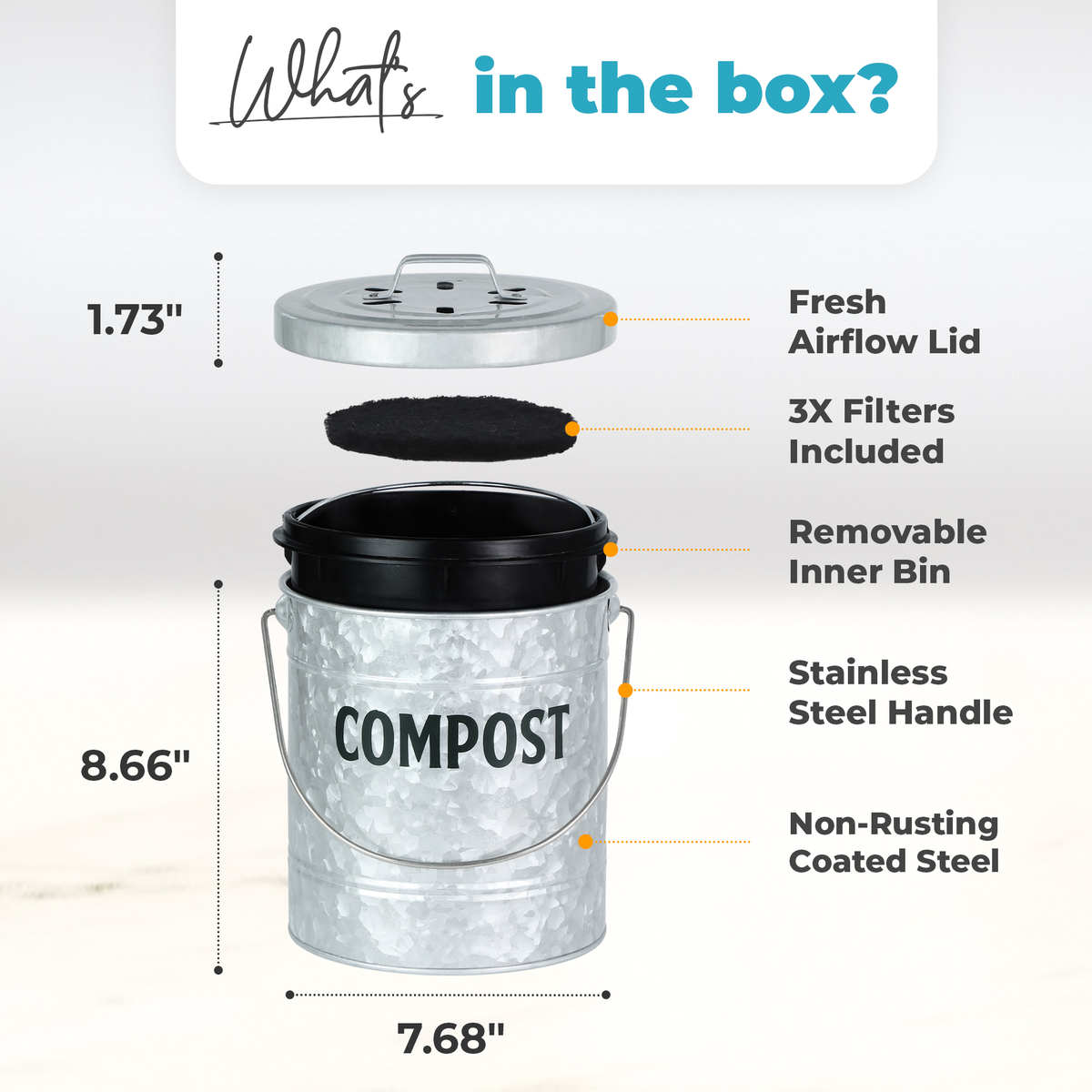 Galvanized compost bin package inclusions, features and dimensions