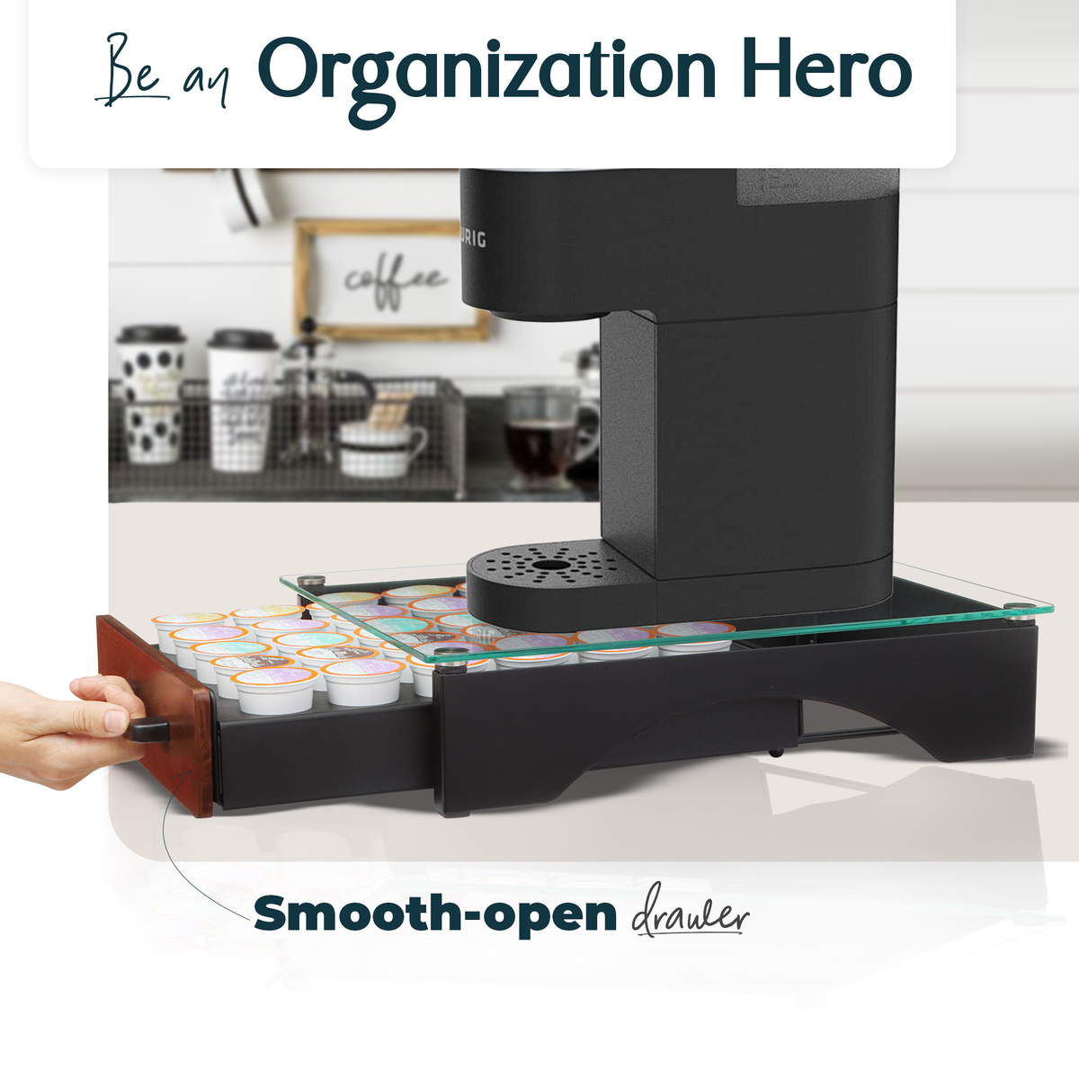Smooth-open drawer feature of the K Cup Organizer that is featured on a counter top with coffee cups at the background