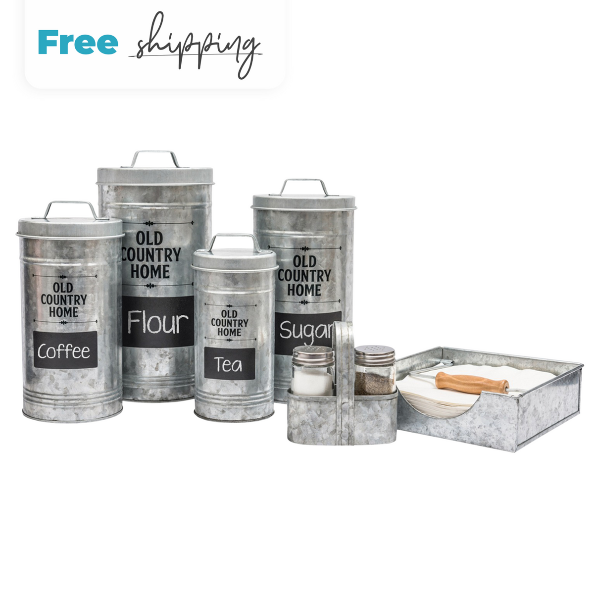 Farmhouse Kitchen Decor Trio Set by Saratoga Home - Salt &amp; Pepper Shakers With Caddy Set, Napkin Holder and Set of 4 Canisters with Labels &amp; Marker