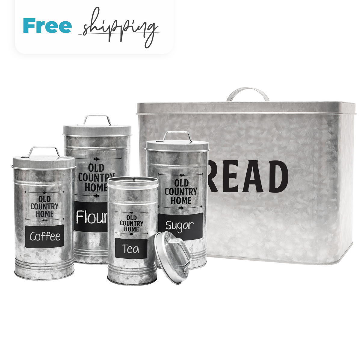 Farmhouse Storage Set by Saratoga Home - Bread Box and Set of 4 Canisters with Labels &amp; Marker