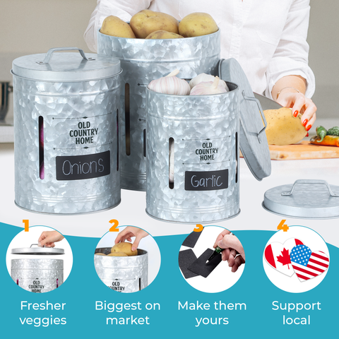 Farmhouse Storage Trio - Galvanized Potato, Onion and Garlic Storage, Canisters Set of 4 and Bread Box