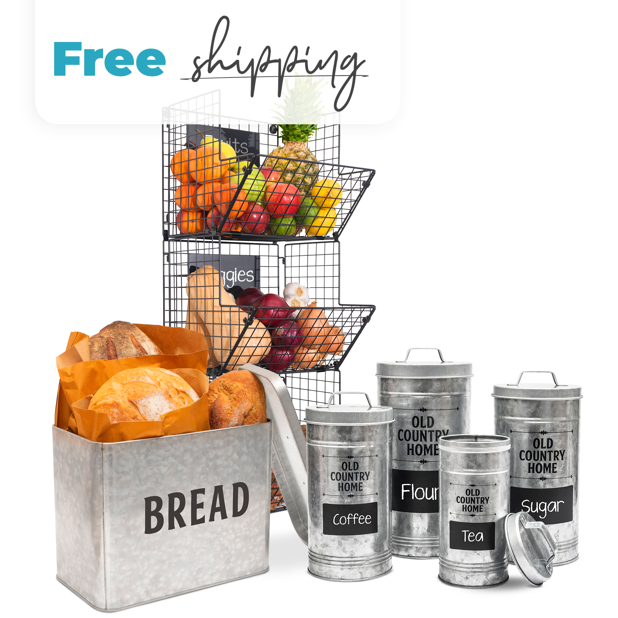 Saratoga Home Hanging Wire Bins, Bread Box and Canisters Set of 4