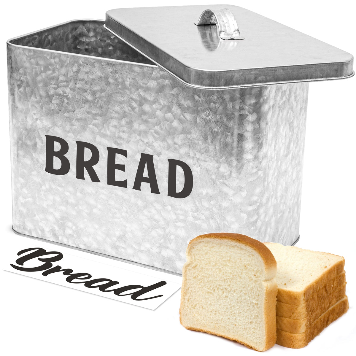 Galvanized Bread Box by Saratoga Home featuring extra sticker label and bread loaf in front