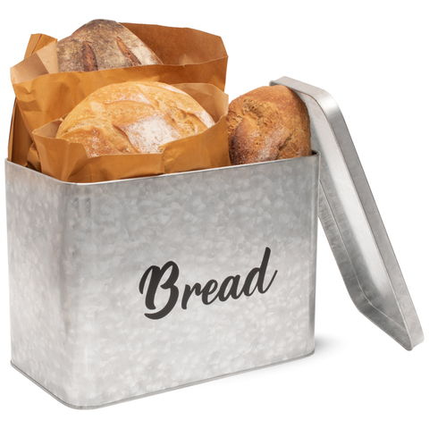 Galvanized Bread Box by Saratoga Home featuring extra sticker label and bread loaf in front