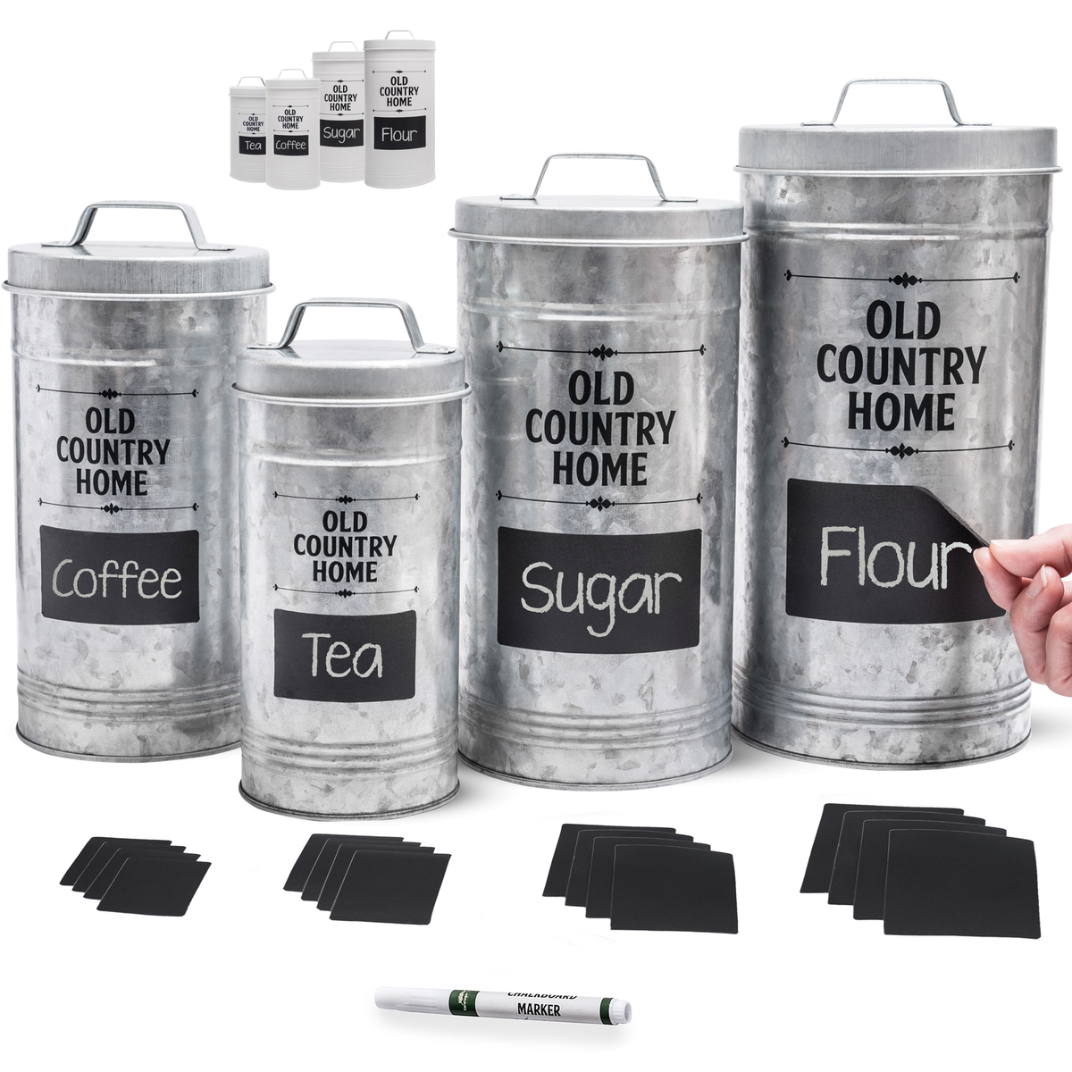 Galvanized Nesting Canisters set by Saratoga Home with 16 labels and chalkboard marker