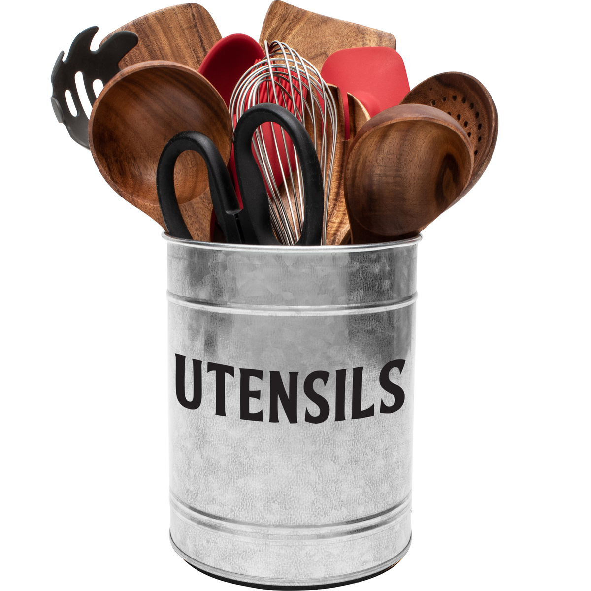Galvanized Utensil Holder by Saratoga Home filled with kitchen utensils