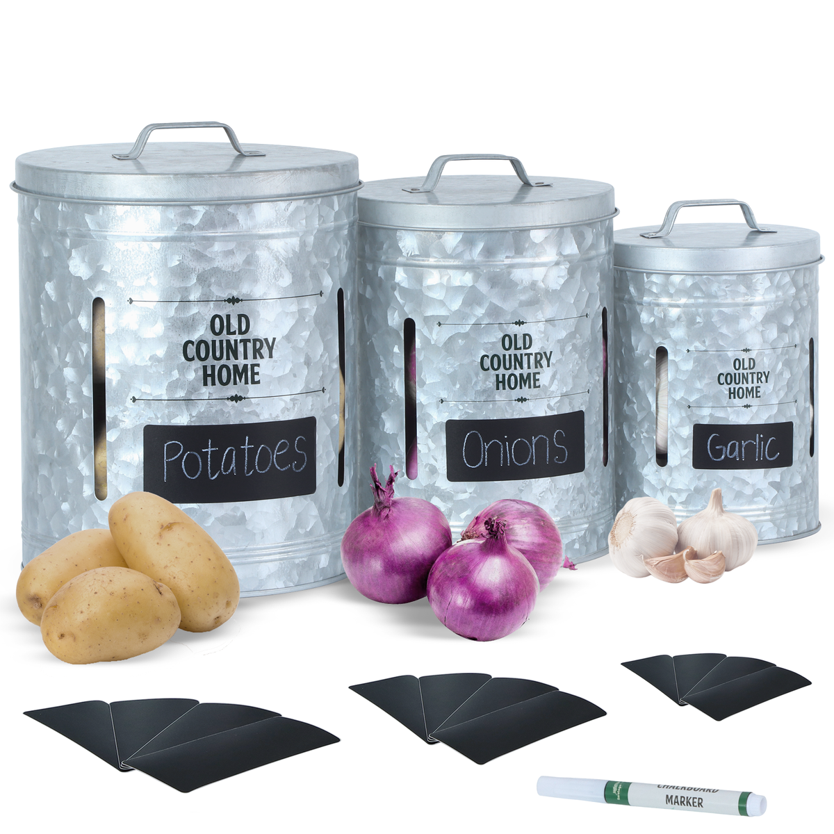 Large Galvanized Veggie Canisters with labels and marker