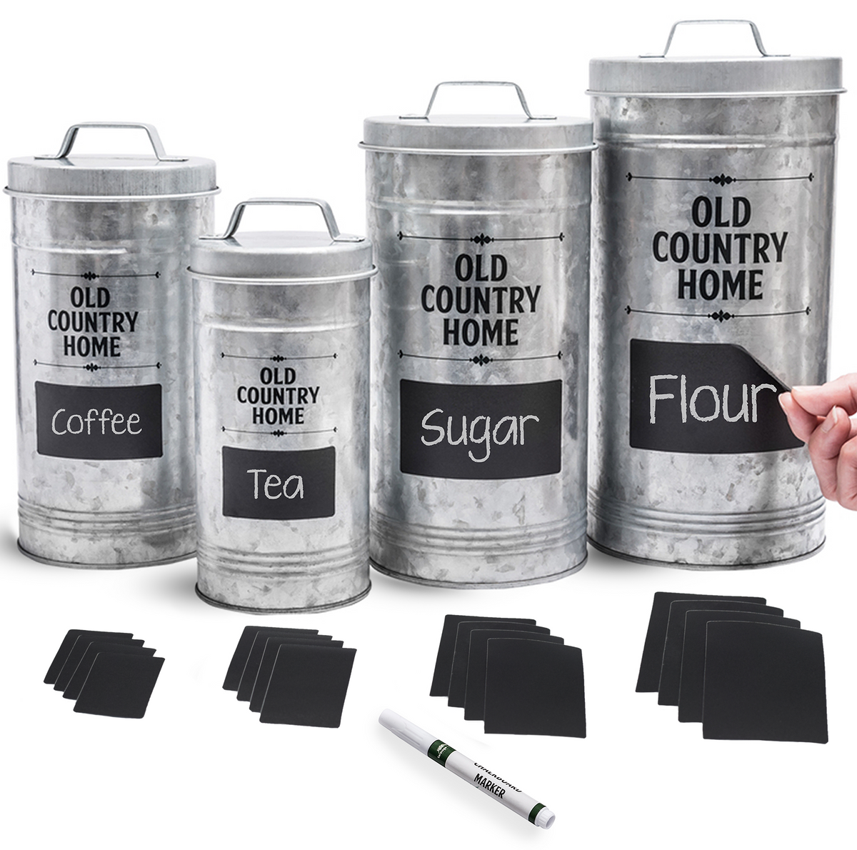 Galvanized Nesting Canisters set by Saratoga Home with 16 labels and chalkboard marker