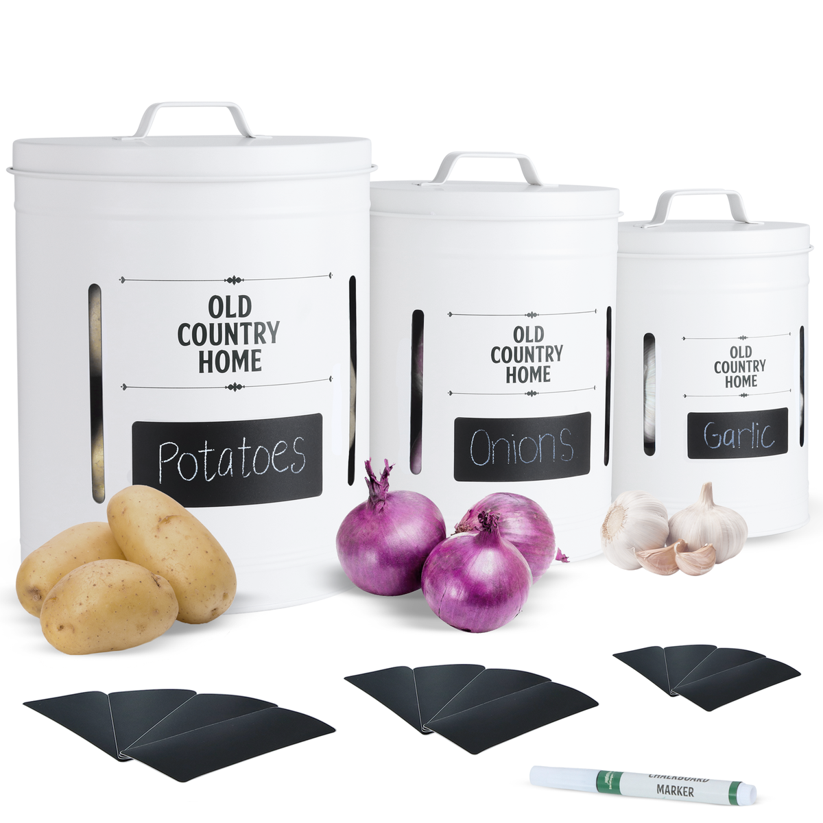 Large White Veggie Canisters with labels and marker