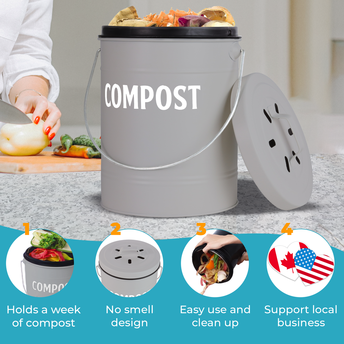 Gray Compost Bin product features easy use and clean up. Support local business