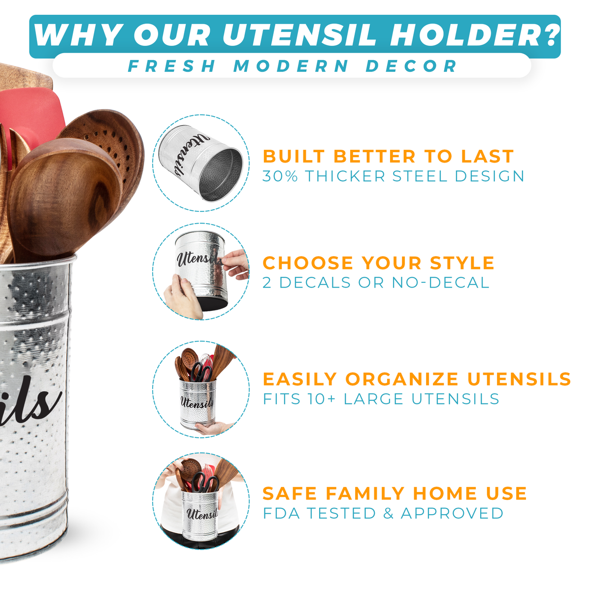 Showcasing great features to show why you should choose Saratoga Home&#39;s hammered utensil holder