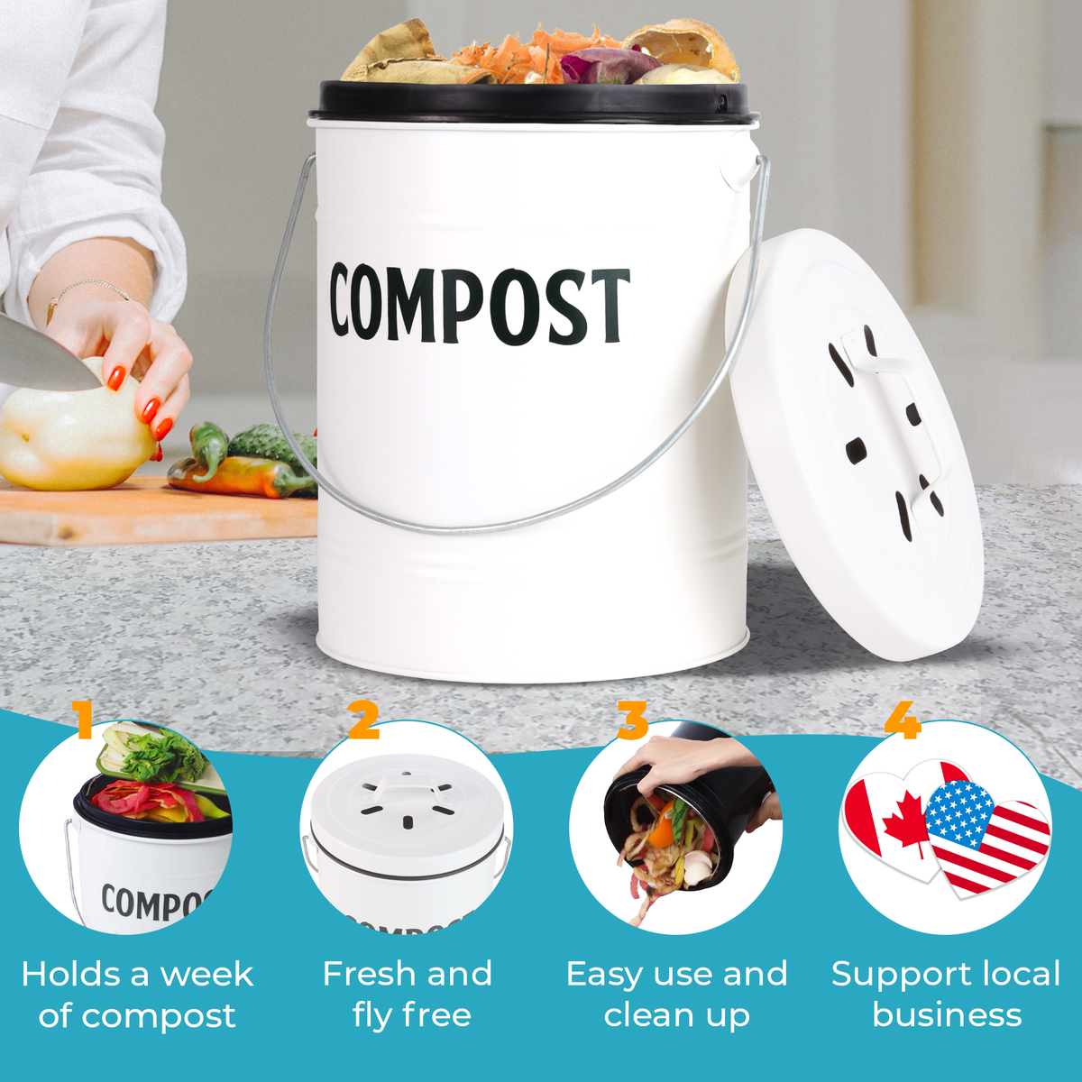 White Compost Bin product features easy use and clean up. Support local business