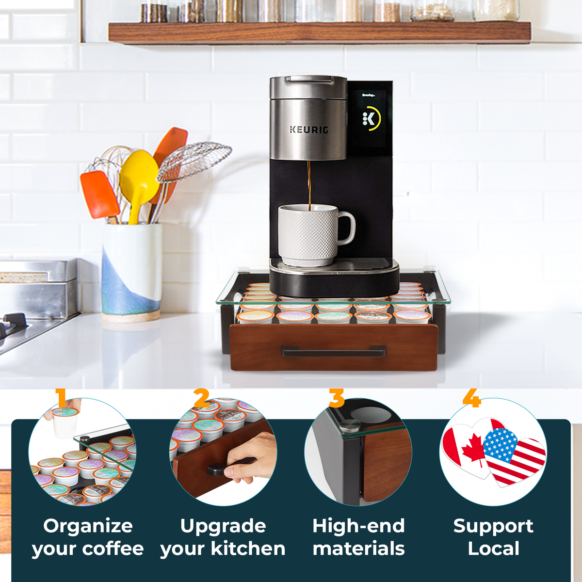 K Cup Holder on the countertop with the pods below  the coffee maker. Product features written below