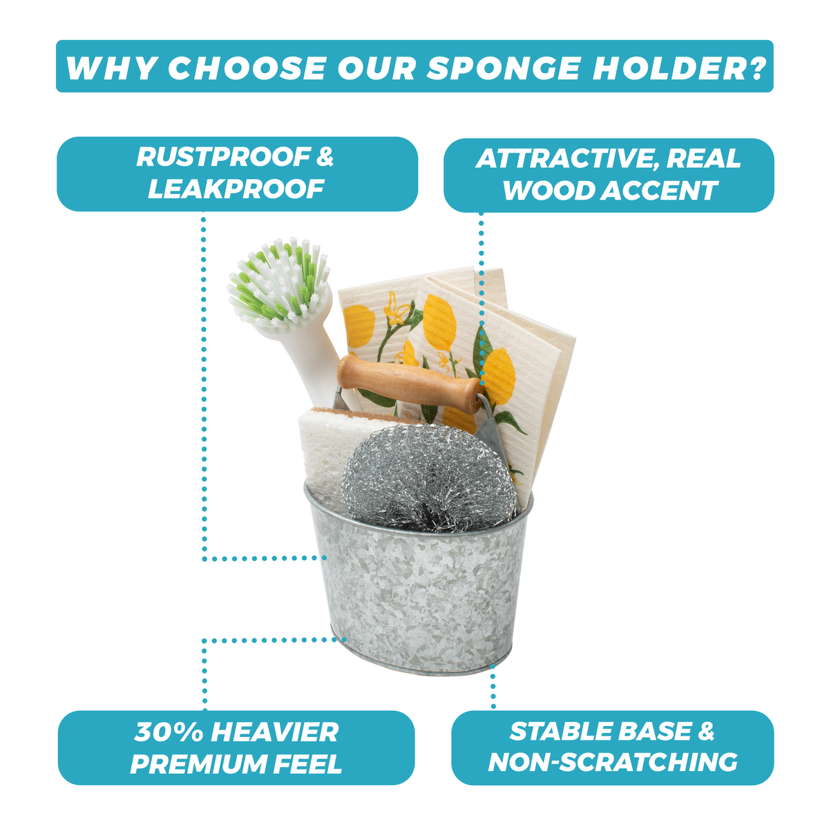 Why choose our sponge holder? Rustproof and leakproof sponge holder with dishwashing supplies