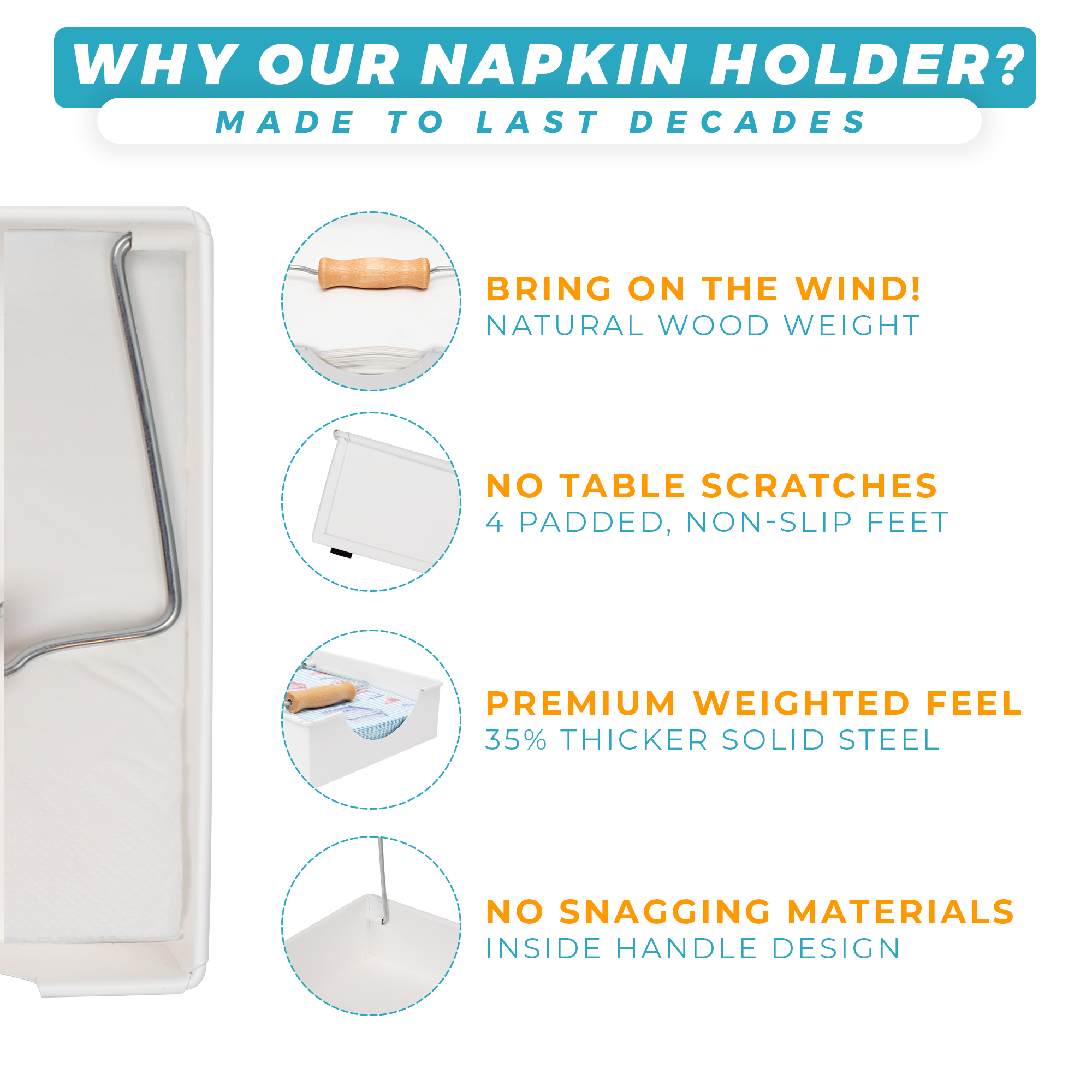 White napkin holder with padded feet and other features to last decades
