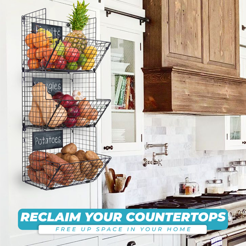 Assembled 3-tier wire storage bins hanged beside a kitchen countertop