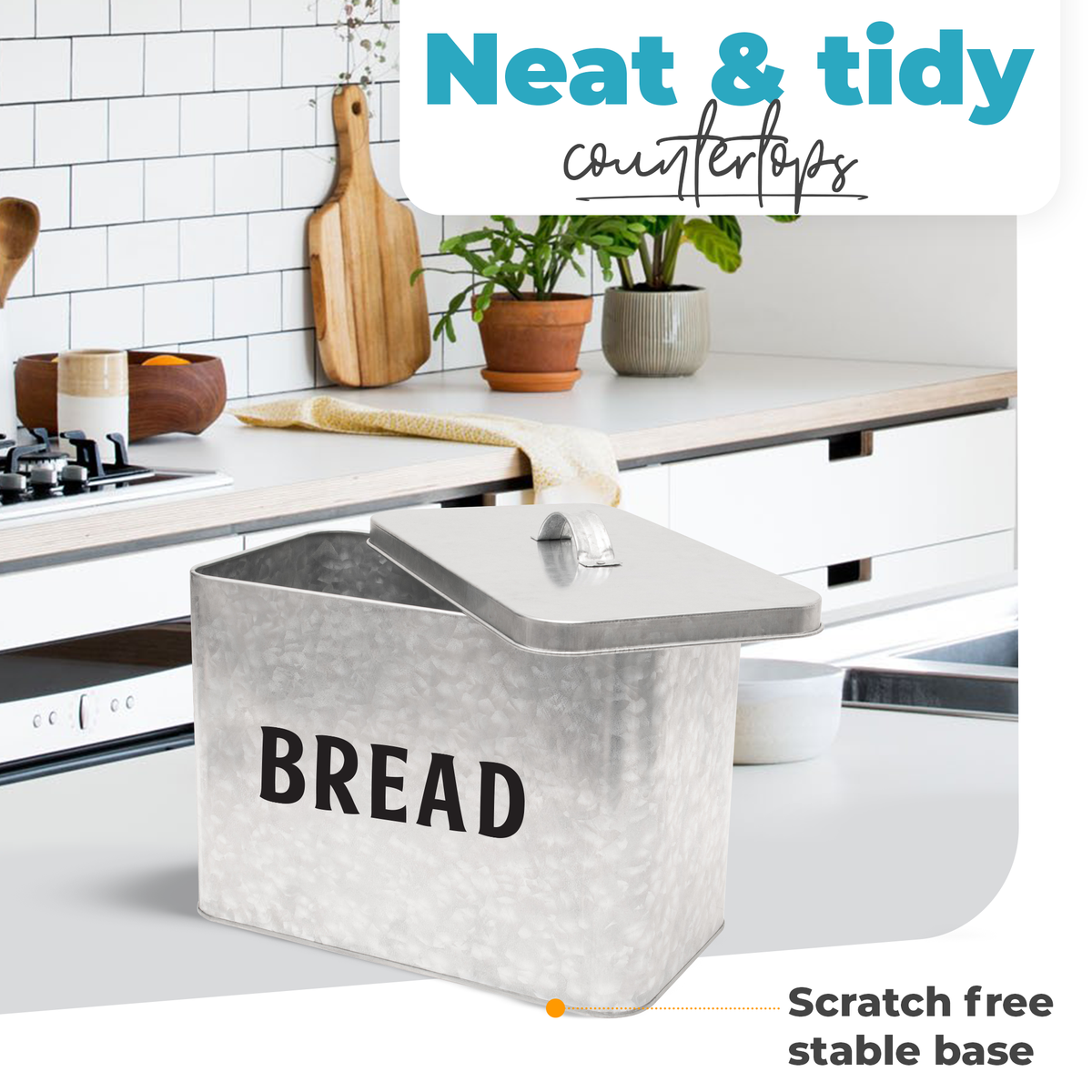 Scratch free stable base of bread box featured on gorgeous kitchen counter