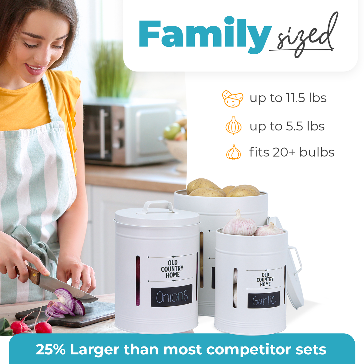 A family sized white veggie canister which is 25% larger than most competitor sets