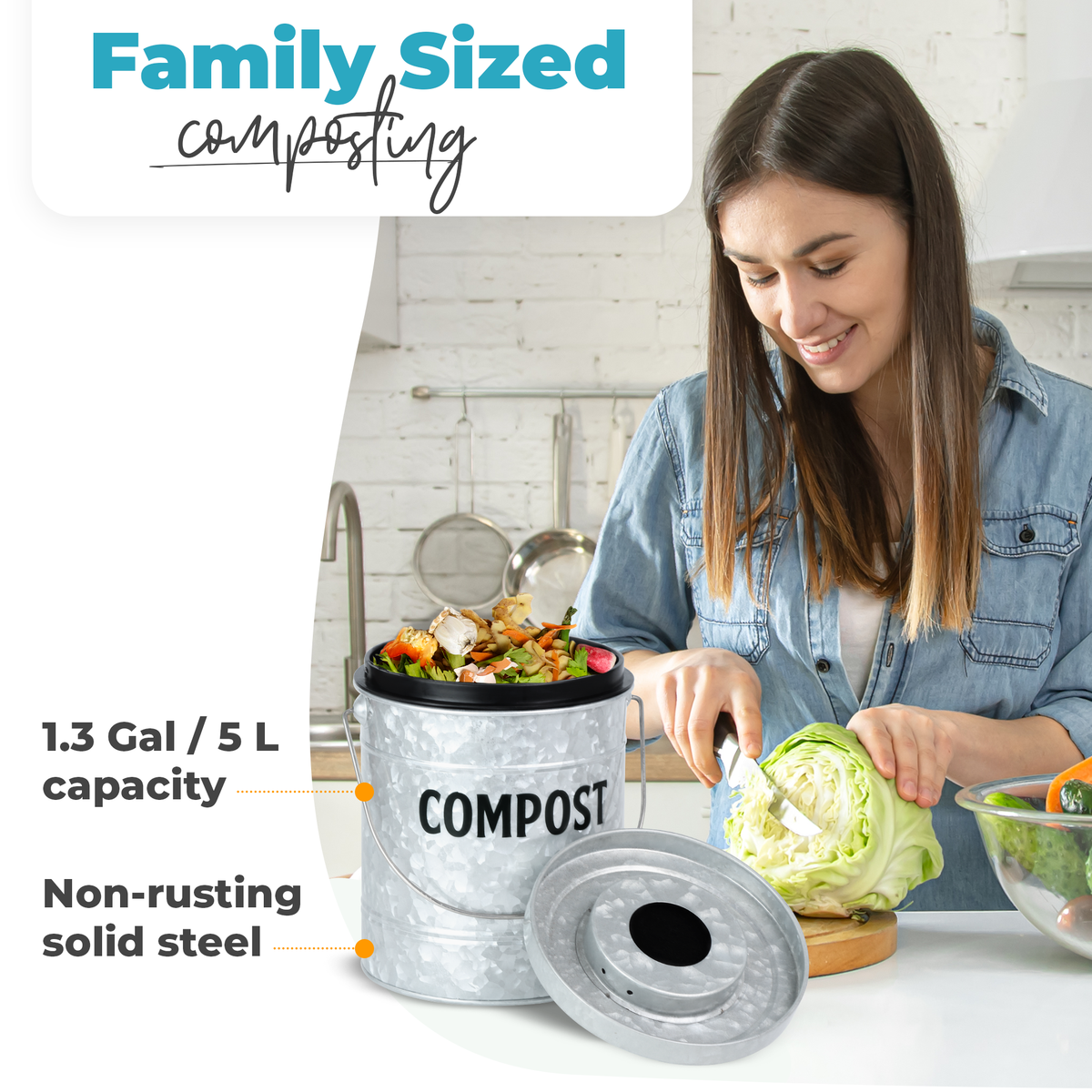 Lucky Family Green Countertop Compost Bin with Lid - 1.3 Gal Stainless –  LUCKY FAMILY GREEN
