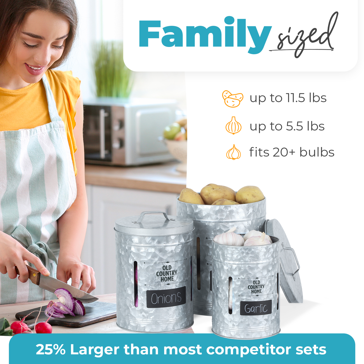 A family sized veggie canister which is 25% larger than most competitor sets