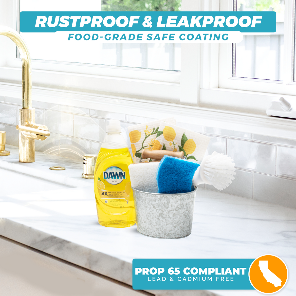 Rustproof and leakproof sponge holder on countertop with dishwashing supplies