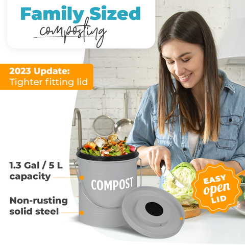Gray compost bin's capacity with non-rusting solid steel body