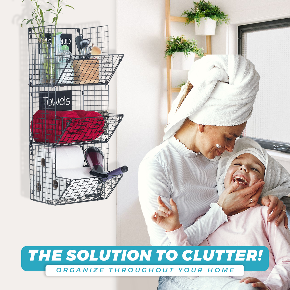 Assembled 3-tier wire storage bins stuffed with bathroom ammenities as solution to clutter
