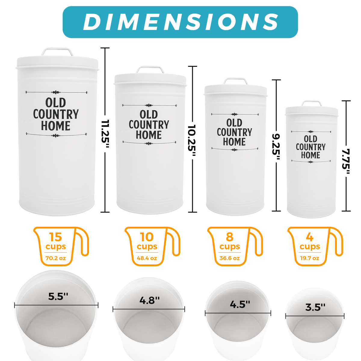 Featuring the dimensions and capacity of each white canister on the set