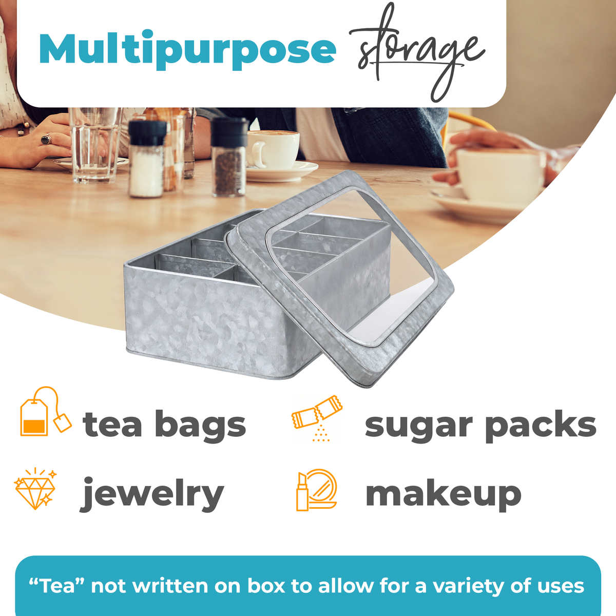 Galvanized Tea box purposely unlabeled to allow a variety of uses. Can be used with sugar packs, jewelry or makeup.