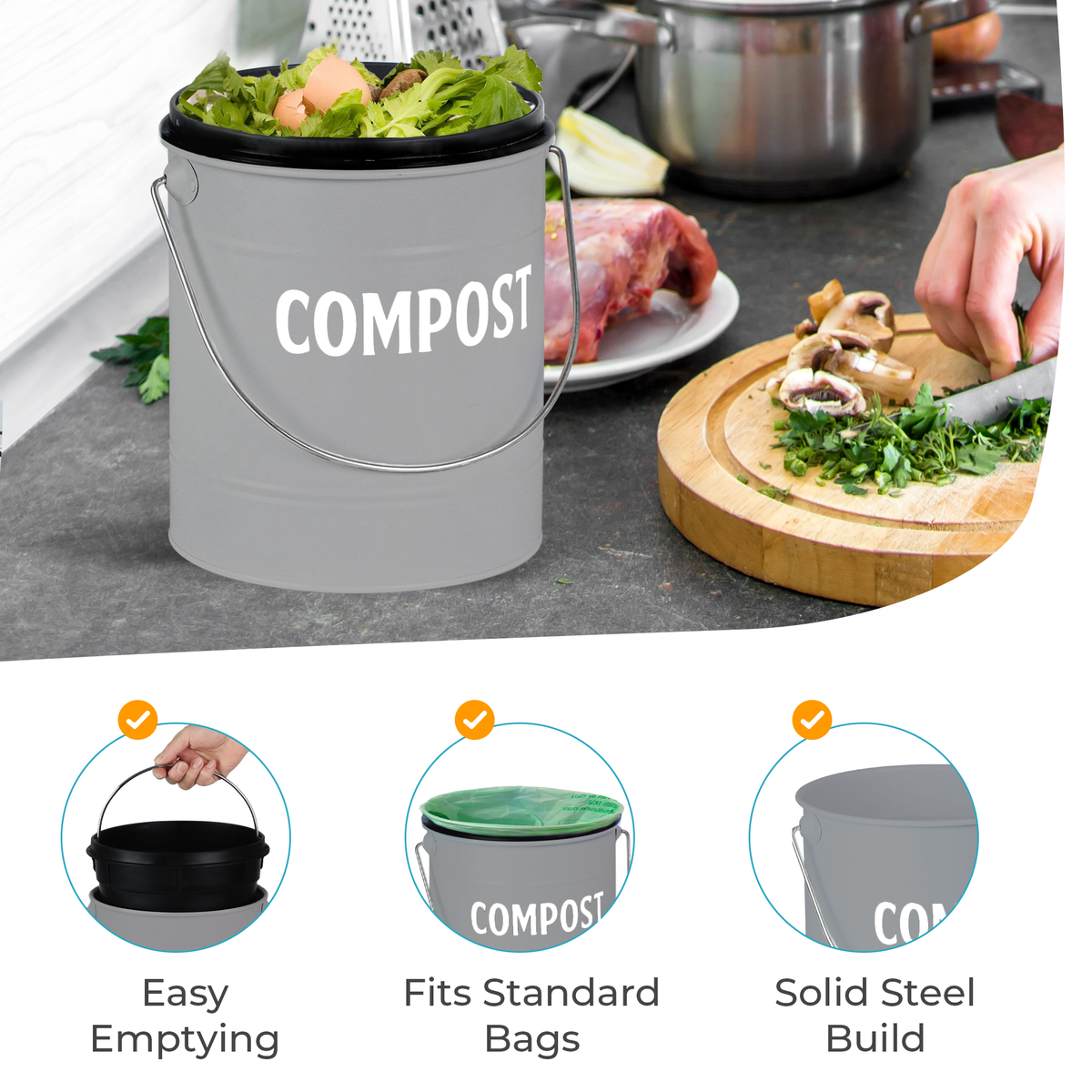 Features the usage of gray compost bin that can fit standard bags