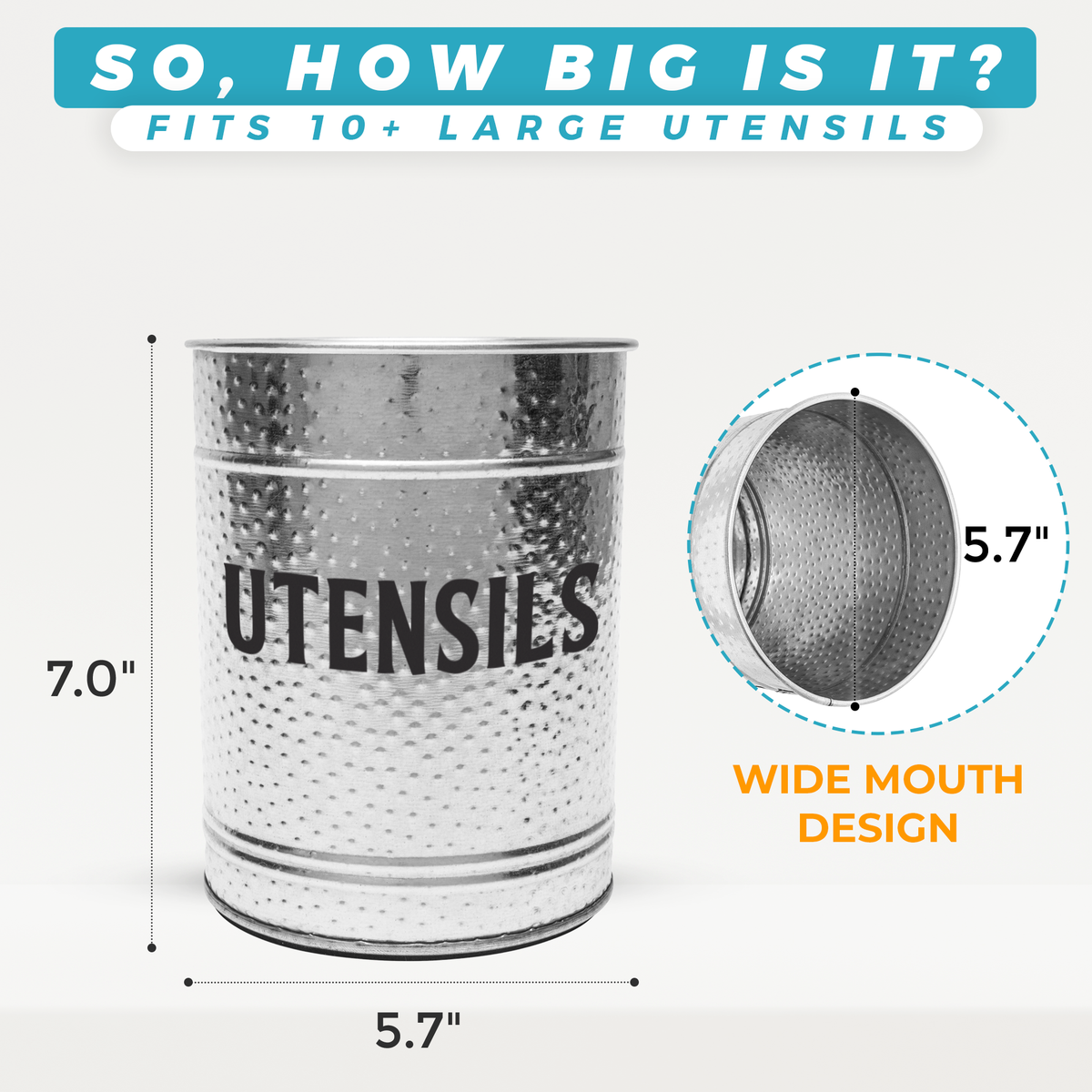 Wide mouth design on 5.7 x 5.7 x 7 inch utensil holder
