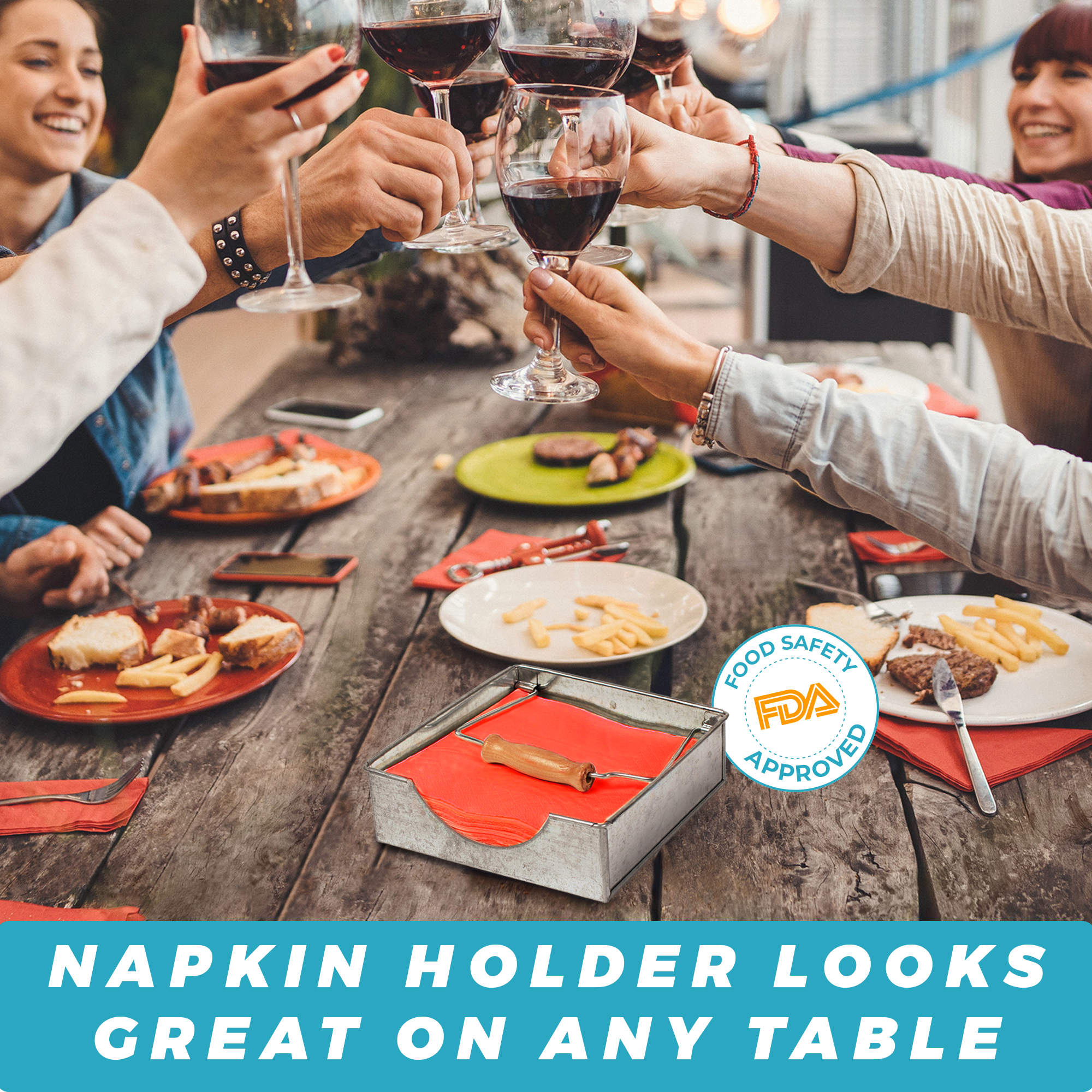 Napkin holder with red napkins used on an outdoor group meal