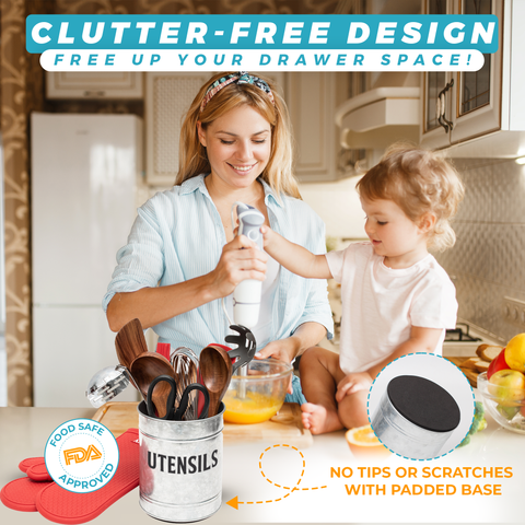 Utensil holder with padded base used by a mother to declutter counter while prepping a meal with son