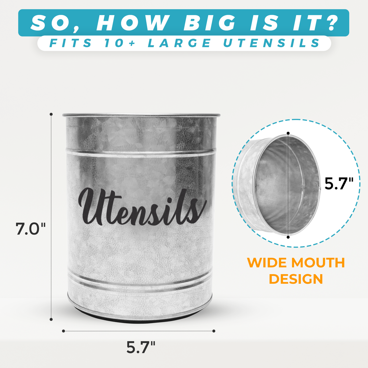 Wide mouth design on 5.7 x 5.7 x 7 inch utensil holder
