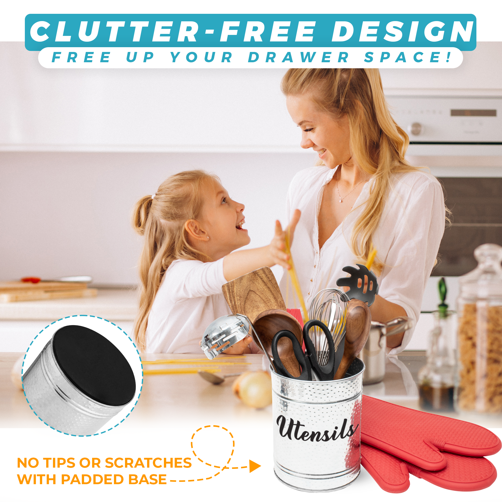 Padded base on filled utensil holder in front of mother and daughter on their kitchen