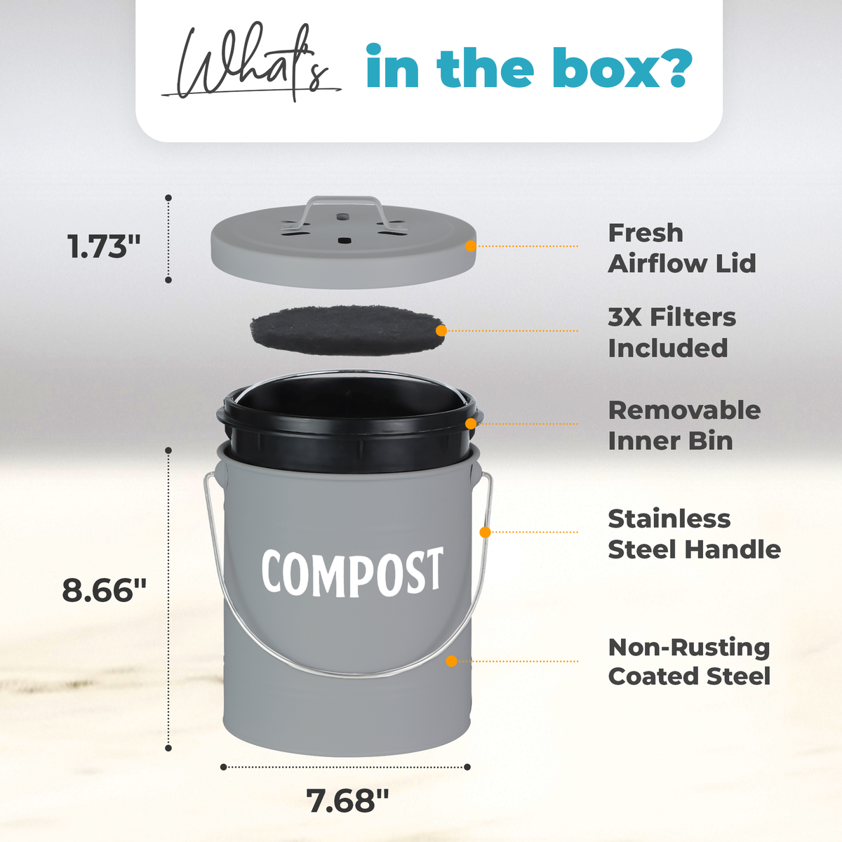 Package inclusions and dimensions of the Gray compost bin