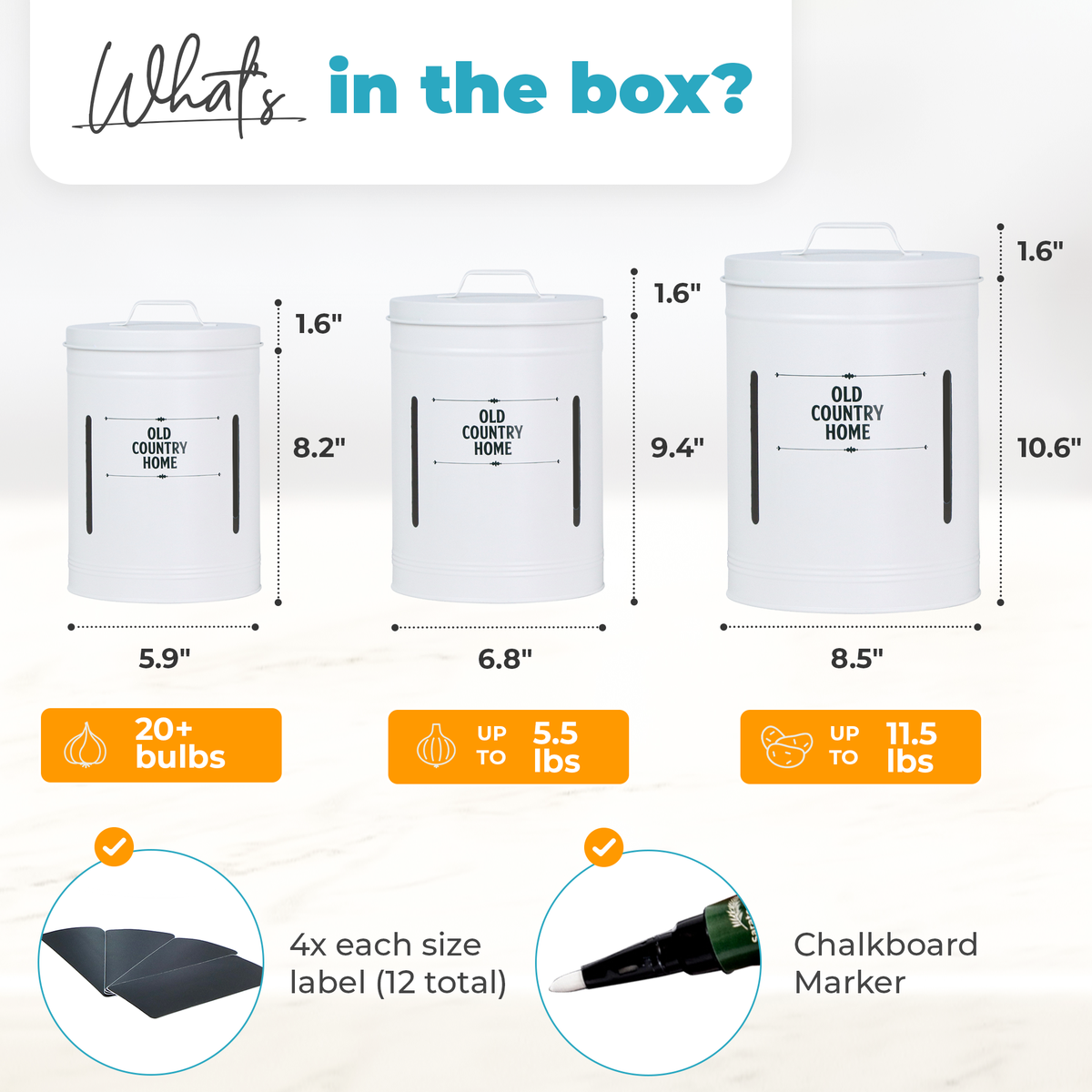 Dimensions for each White Onion and Potato Storage Bins with 12 labels (4x each size) and a chalkboard marker