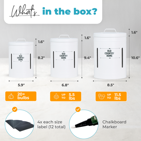 Dimensions for each White Onion and Potato Storage Bins with 12 labels (4x each size) and a chalkboard marker