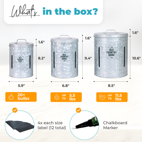 Dimensions for each Galvanized Onion and Potato Storage Bins with 12 labels (4x each size) and a chalkboard marker