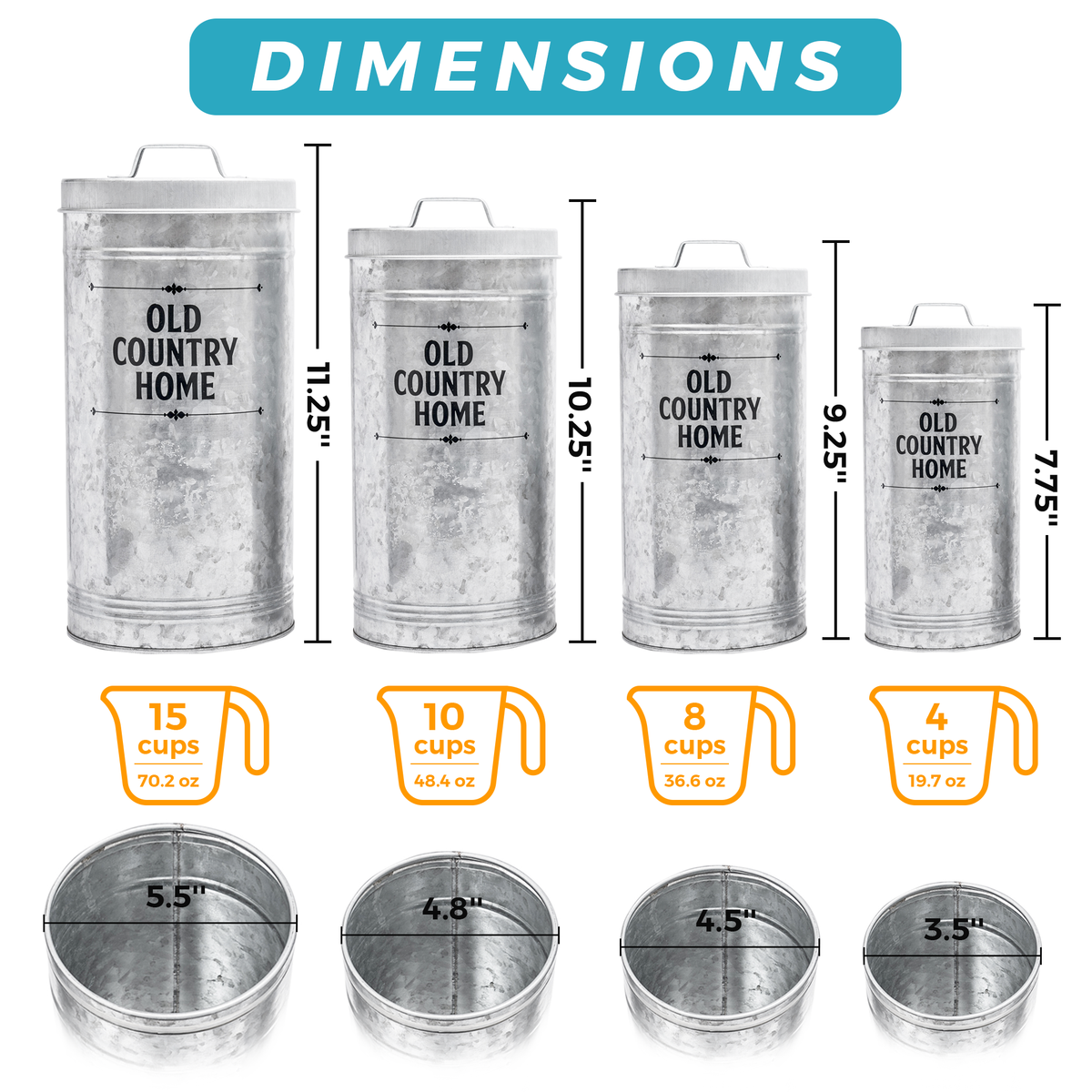 Nesting galvanized canisters set showing dimensions and capacity of each canister