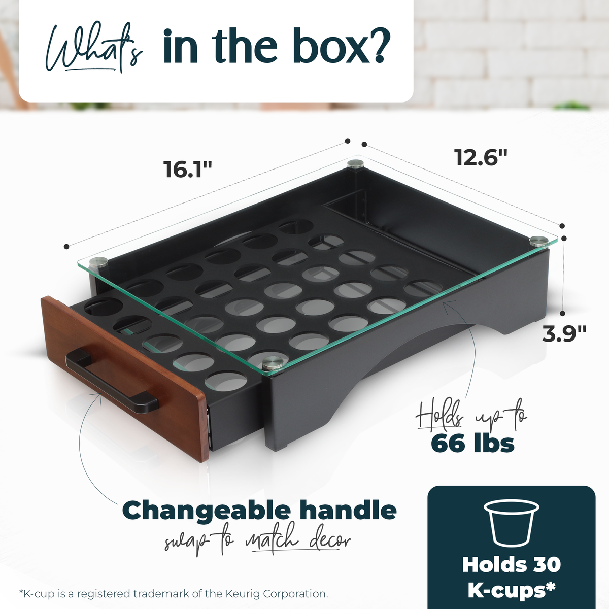 K Cup Organizer product inclusions and dimensions that holds up to 30 K-Cups. With changeable handle that you can swap to match decor