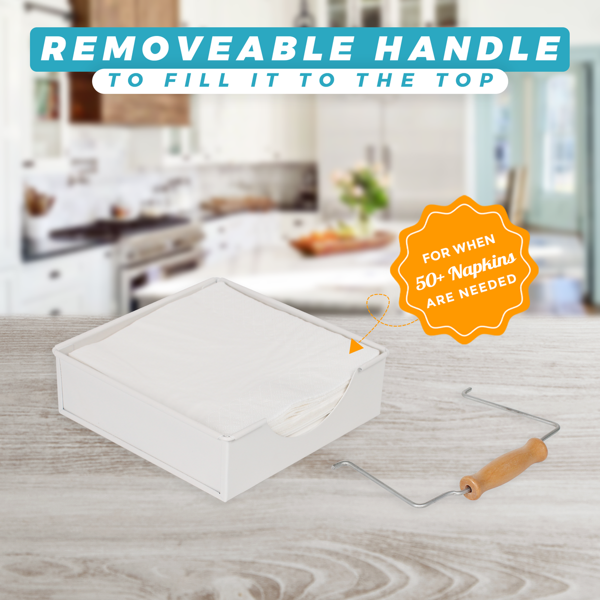White napkin holder with removable arm when needed to hold 50+ napkins