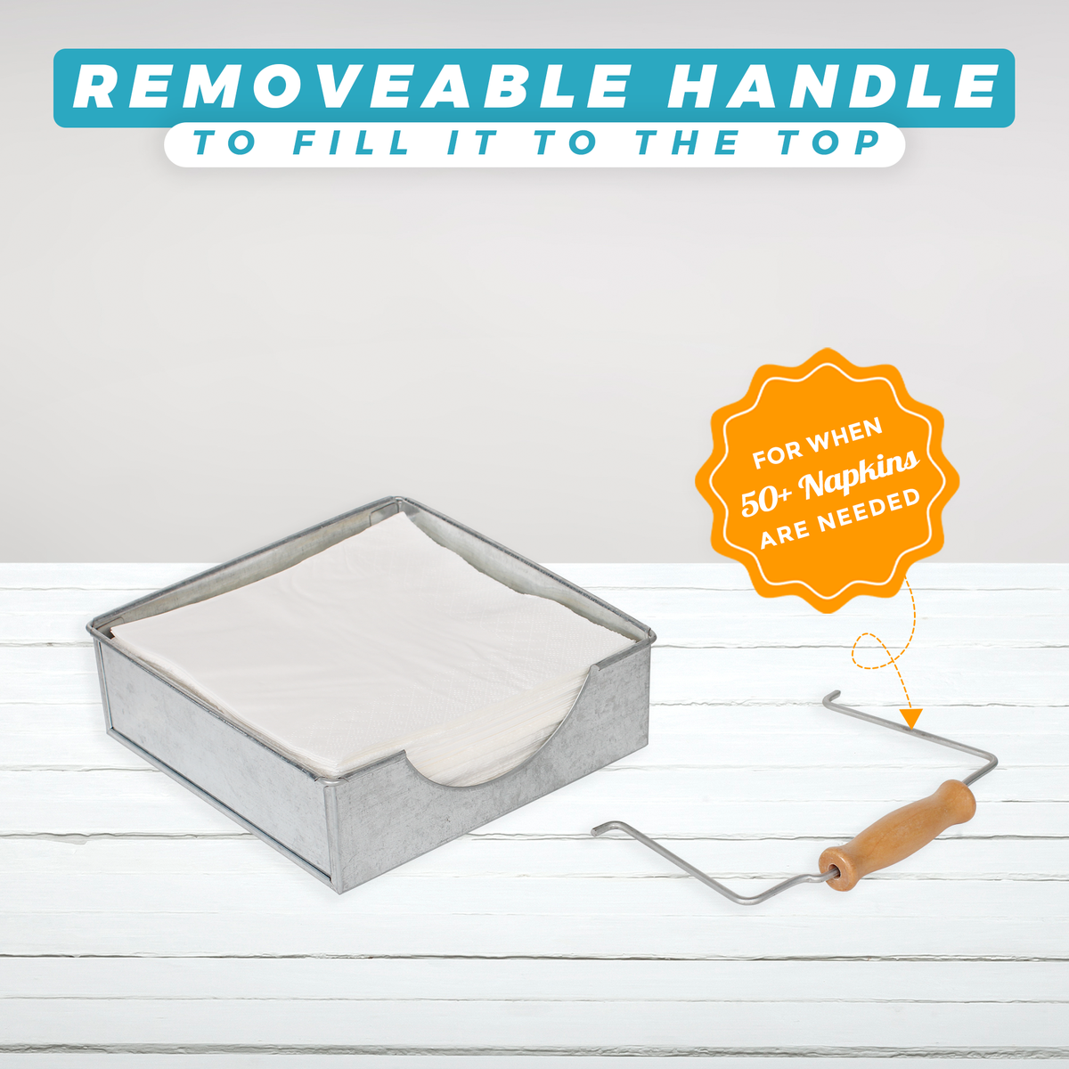 Napkin holder with removable arm to fit 50+ napkins when needed