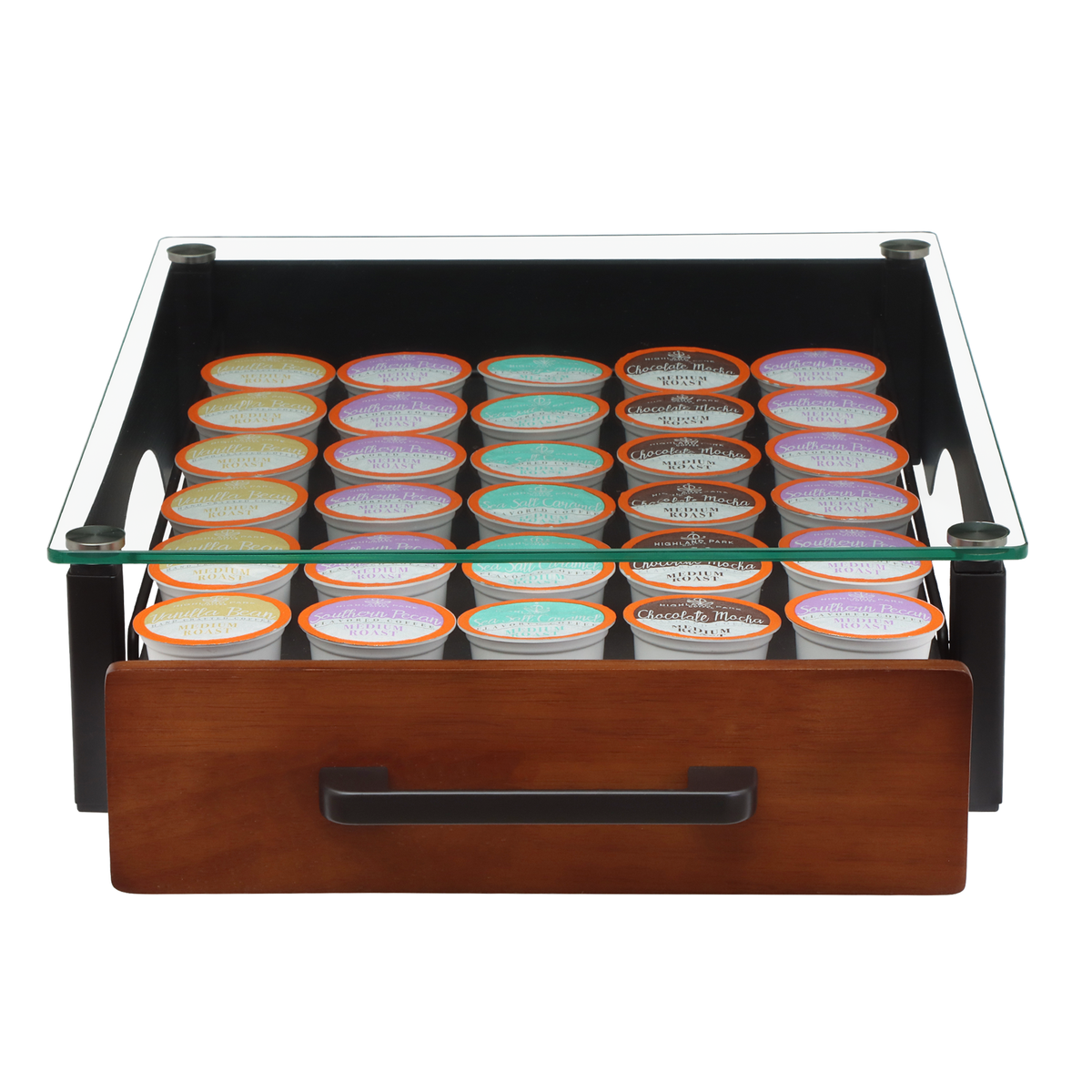 Front view of our Coffee Pods Organizer with drawer slighly opened