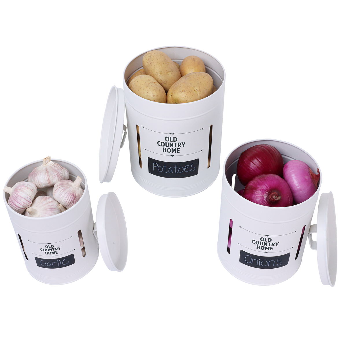 White Veggie Canisters with Potato, Garlic and Onion inside