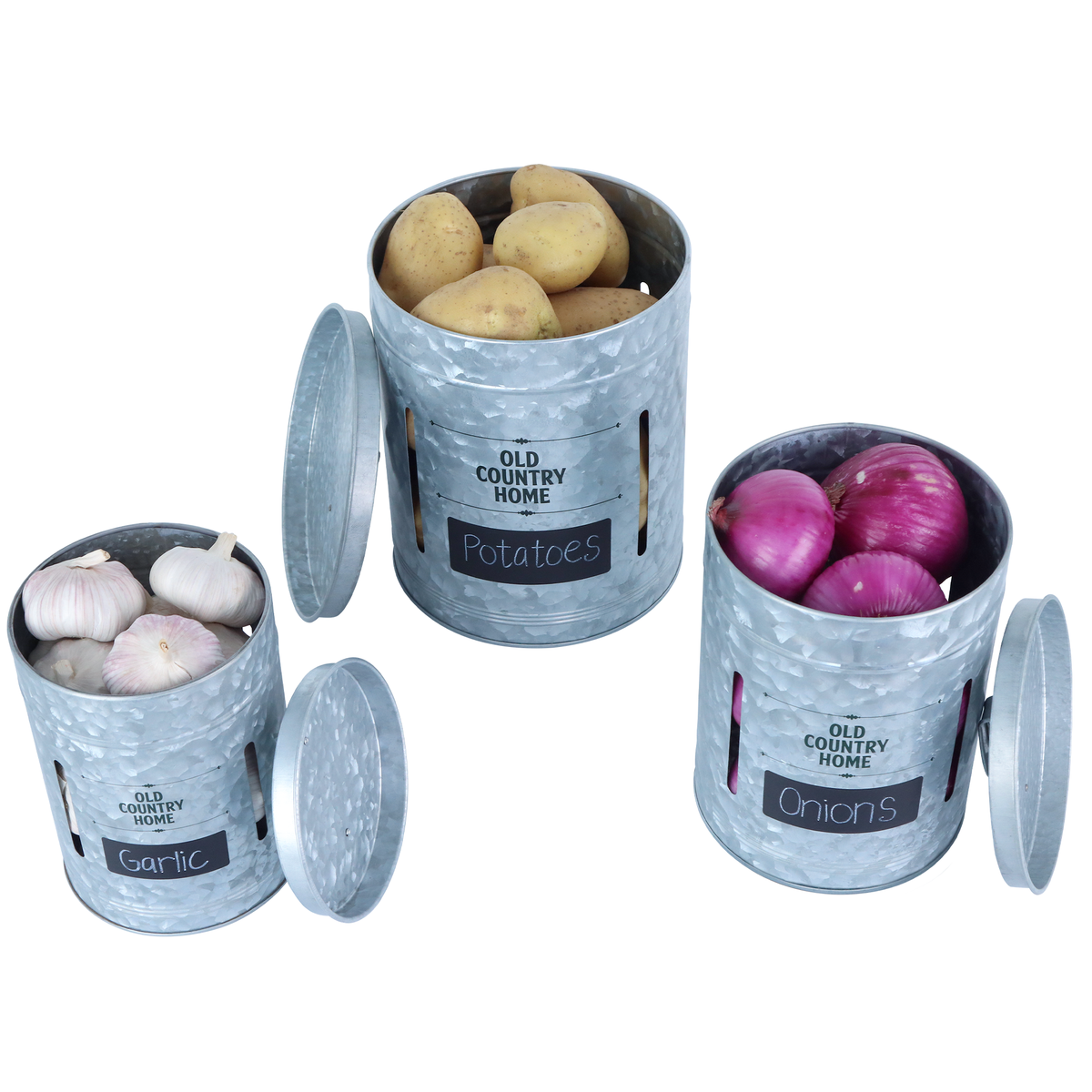 Galvanized Veggie Canisters with Potato, Garlic and Onion inside