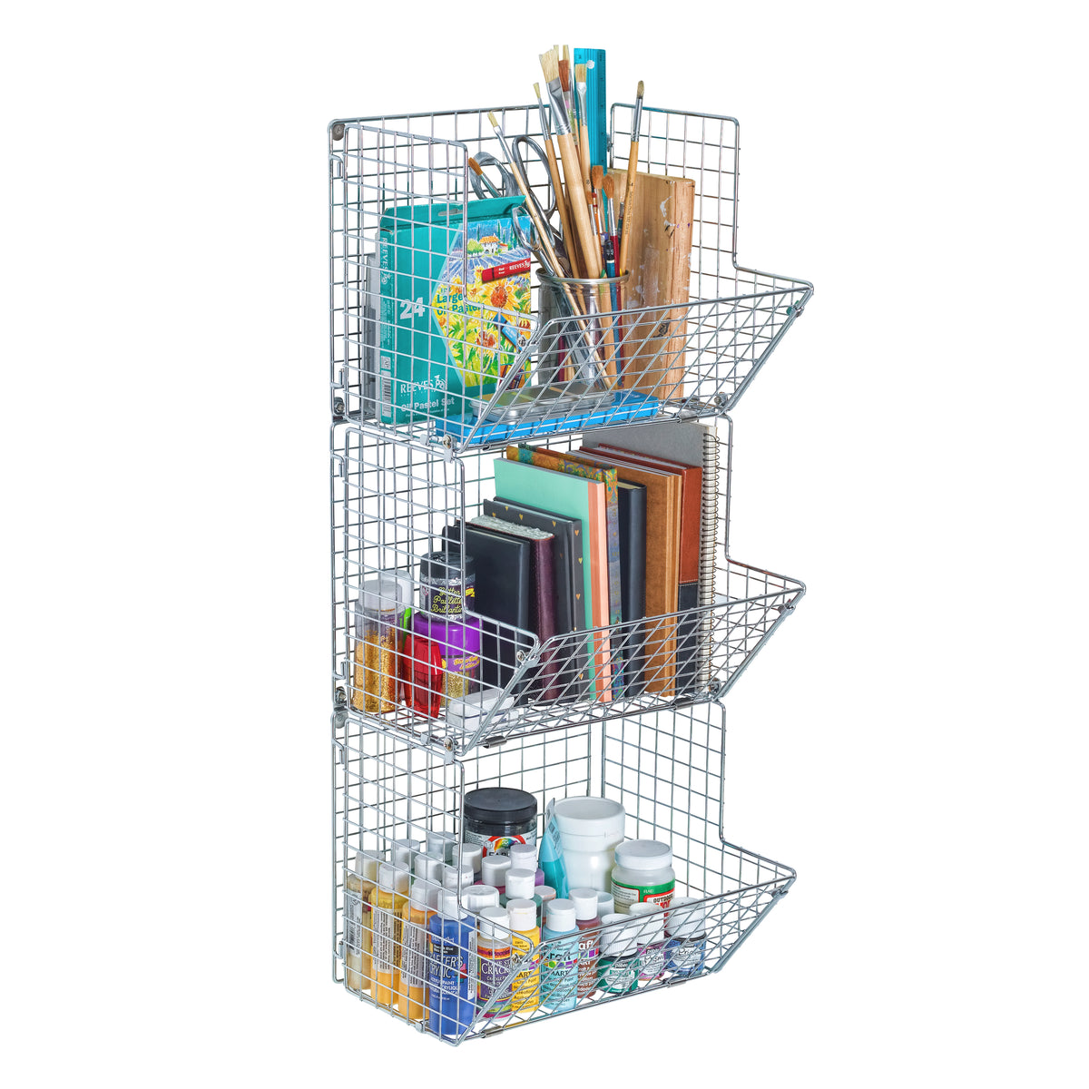 Premium 3-Tier Wall Mounted Hanging Wire Baskets with school supplies displayed