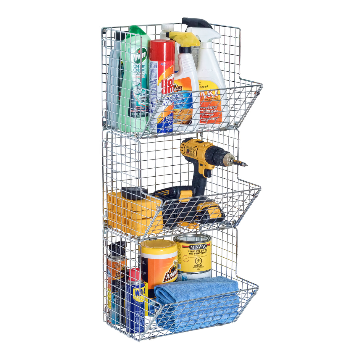 Premium 3-Tier Wall Mounted Hanging Wire Baskets that displays cleaning materials and hand tools in a vertical arrangement